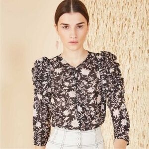 Ulla Johnson Posey Gathered Floral Puff Sleeve Blouse Shirt in Midnight